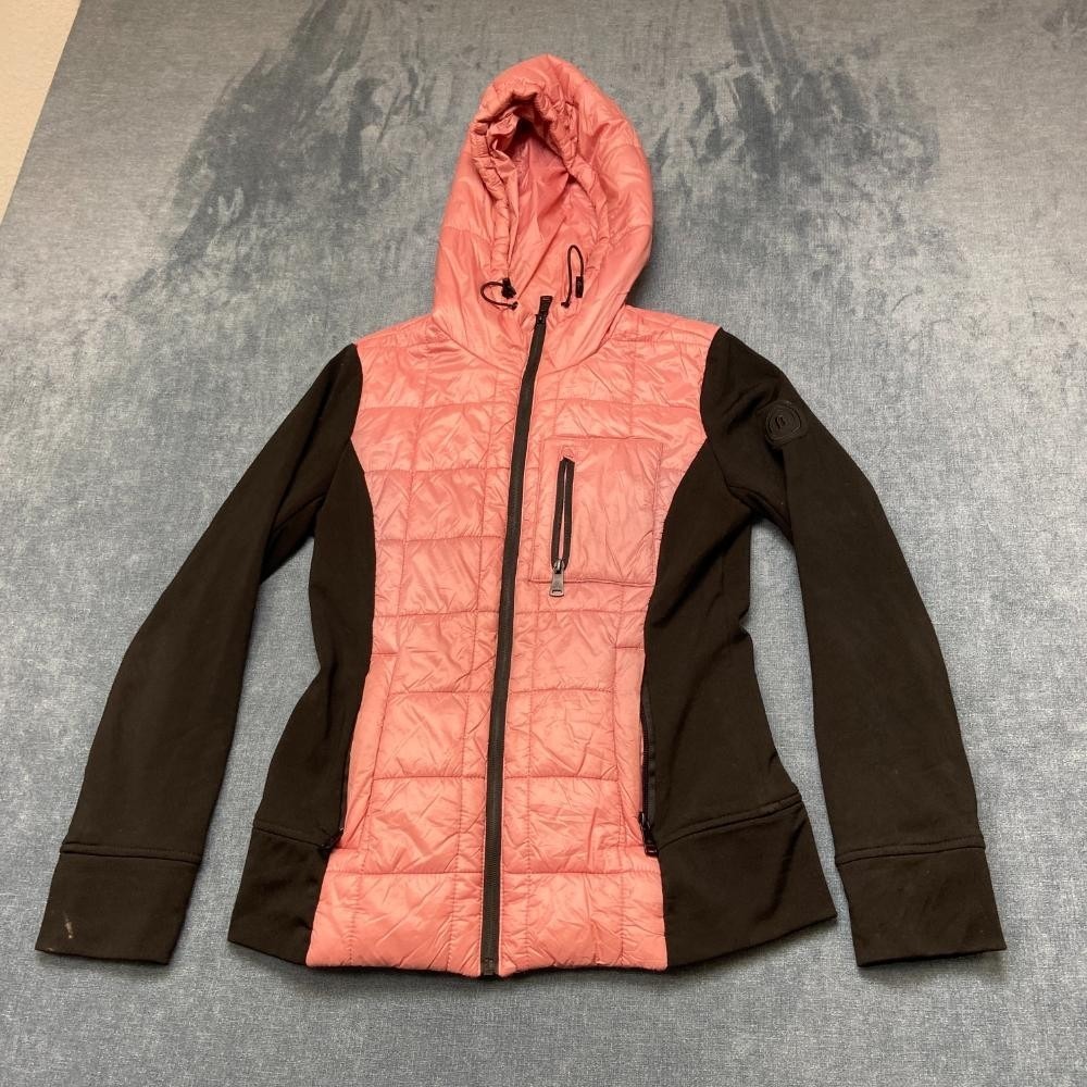 Bernardo Puffer Jacket Womens Small Pink Black Chest Pockets Hooded Full Zip
